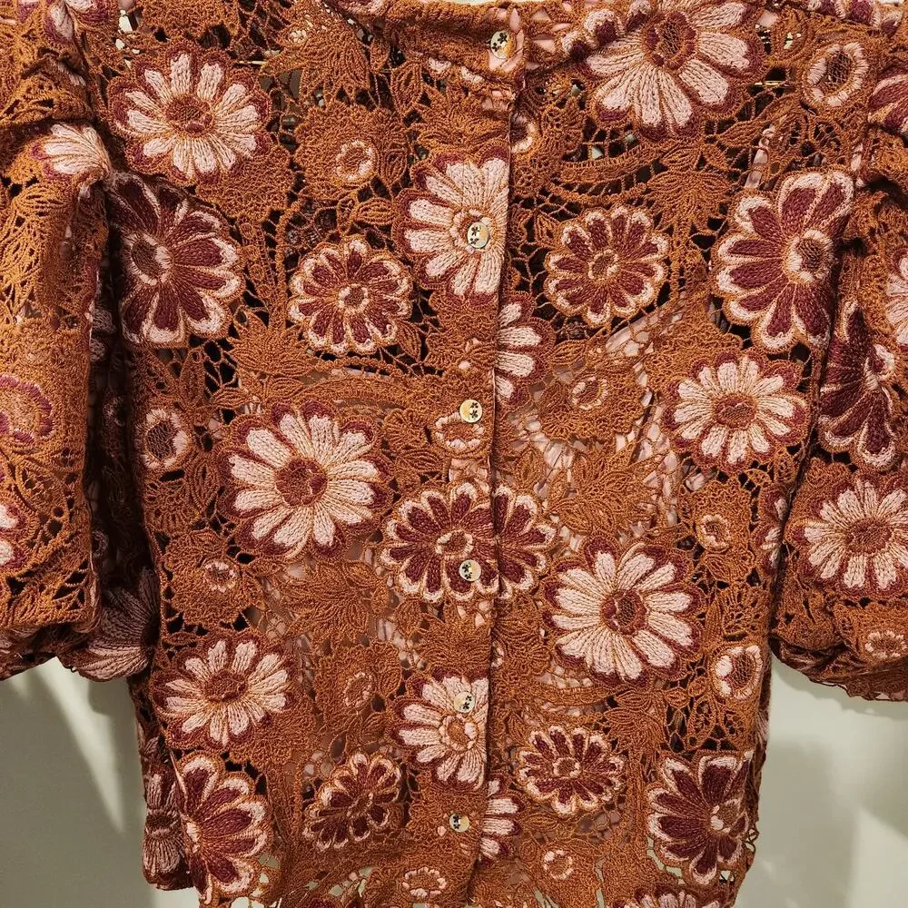 Farm Rio Gigi Tapestry Puff sleeve Guipure brown crochet blouse size XL